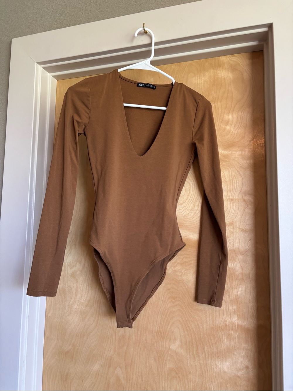 Zara Deep V Neck Long Sleeve Bodysuit Camel Brown Fitted Thong Womens Size S